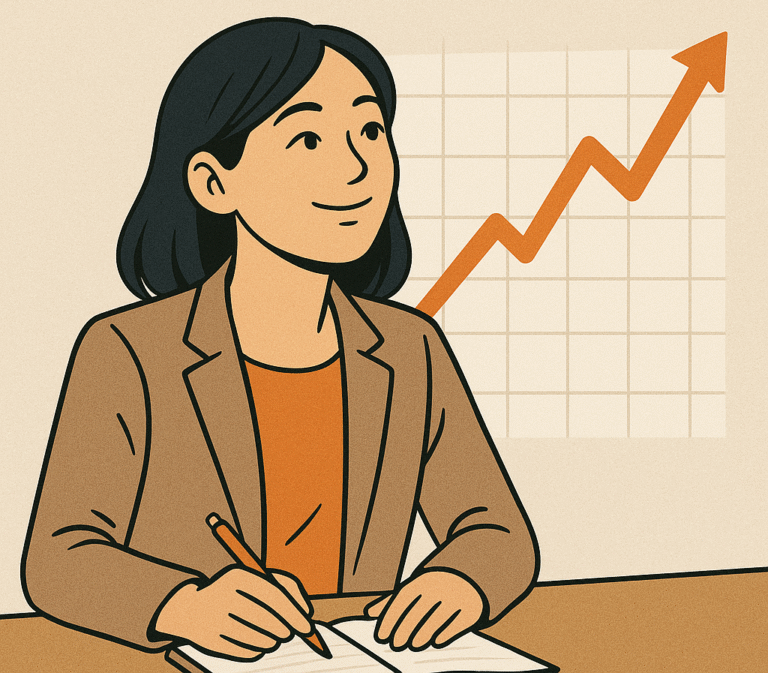 Bilde av asiatisk dame som ser på en graf