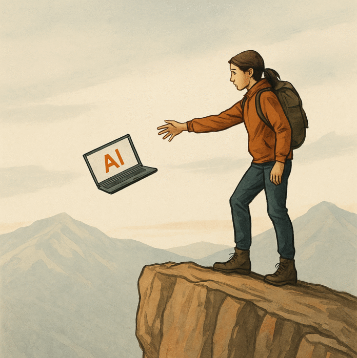 Dame som slipper laptop ned et fjell