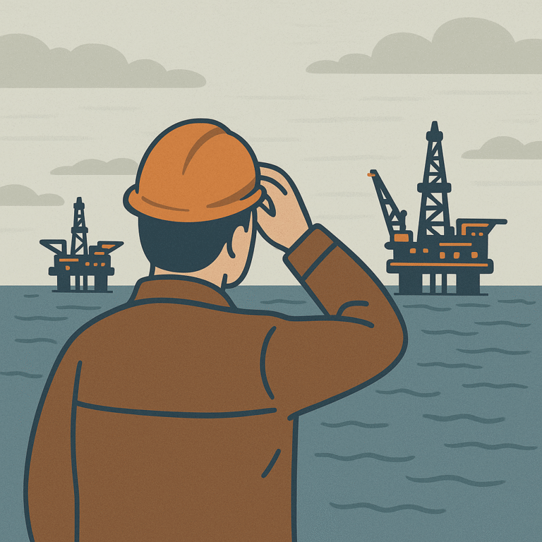 Person som ser ut over hav med plattformer