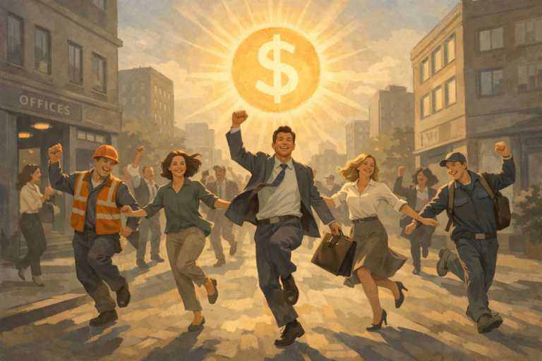 Folk danser i gatene på veg hjem fra jobb