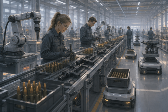 Fabrikk med mennesker og roboter